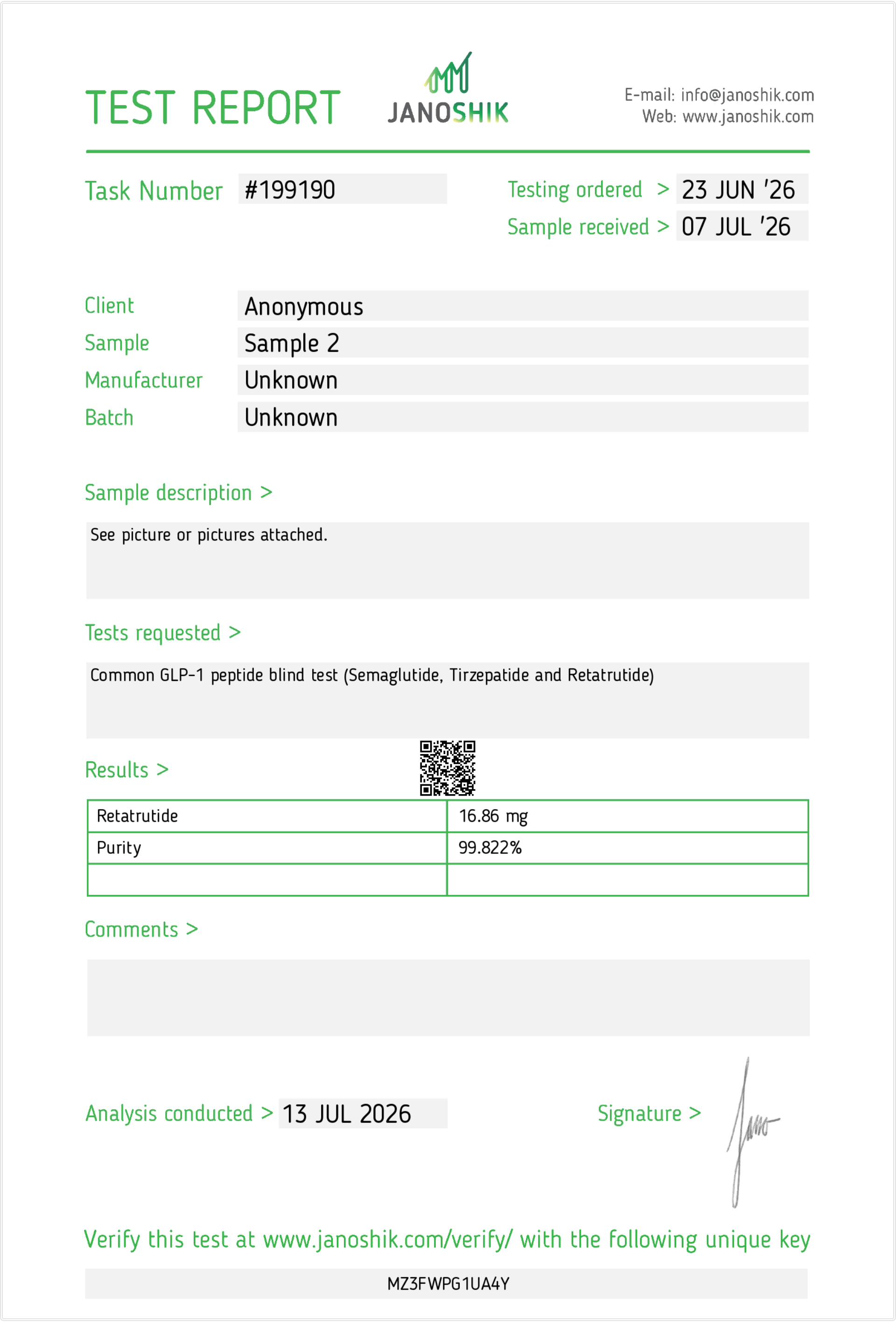 Janoshik lab report — GLOWRETA (Retatrutide) 15 mg, batch GUP-GRT-15-2026-001