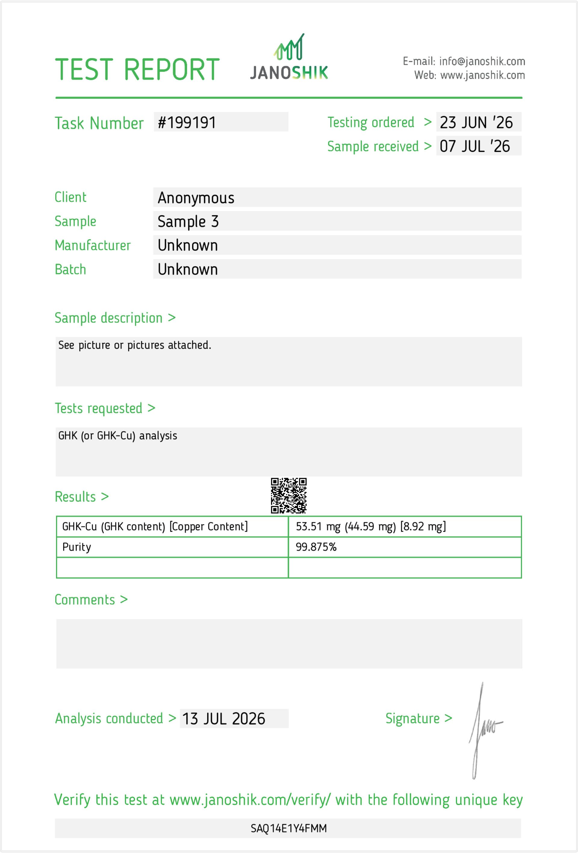 Janoshik lab report — GLOWSKIN (GHK-Cu) 50 mg, batch GUP-GSK-50-2026-001